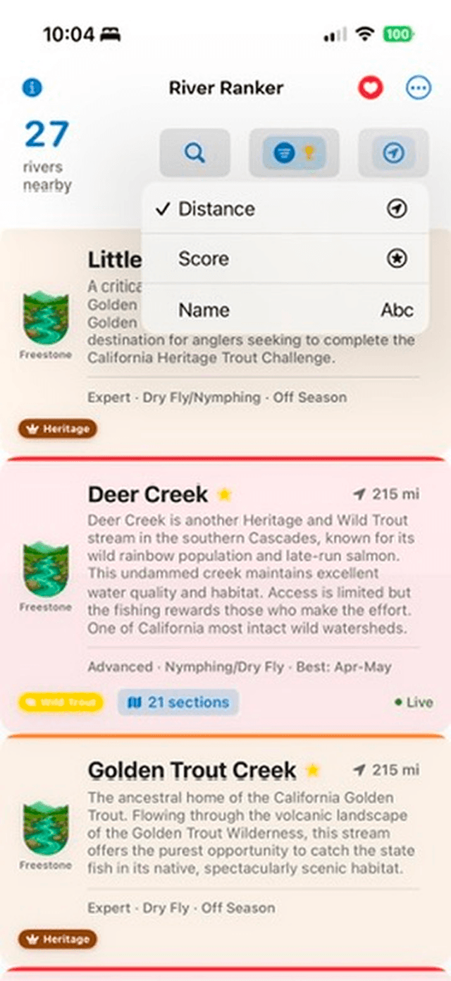 River Ranker List View